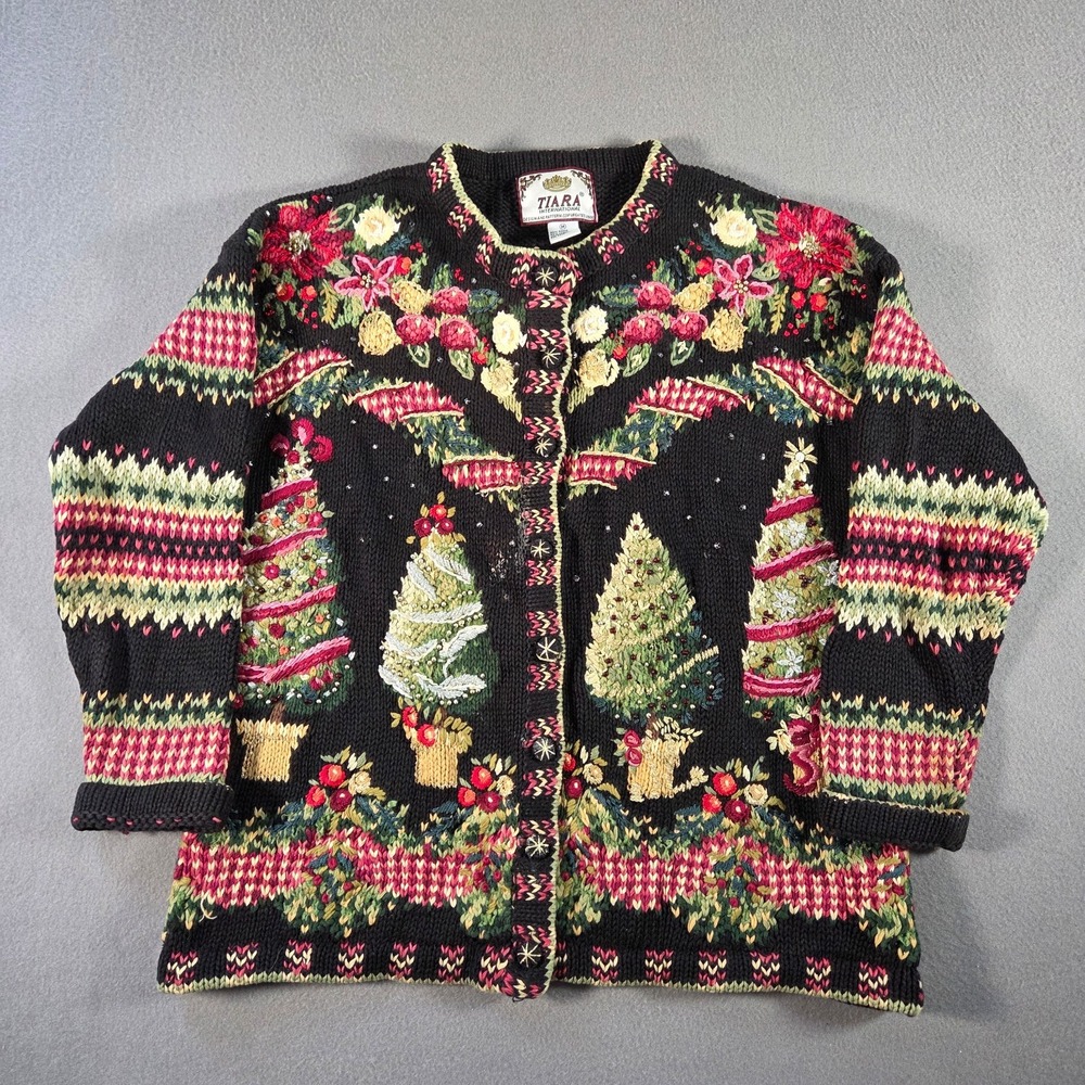 Tiara International Sweater Womens Medium Christmas Cardigan Chunky Knit Holiday